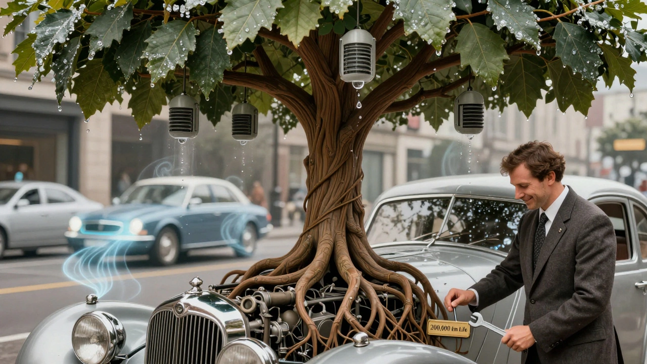 Albero che cresce dal cofano di un&#039;auto, radici nel motore, foglie come deumidificatori, stile Art Nouveau.