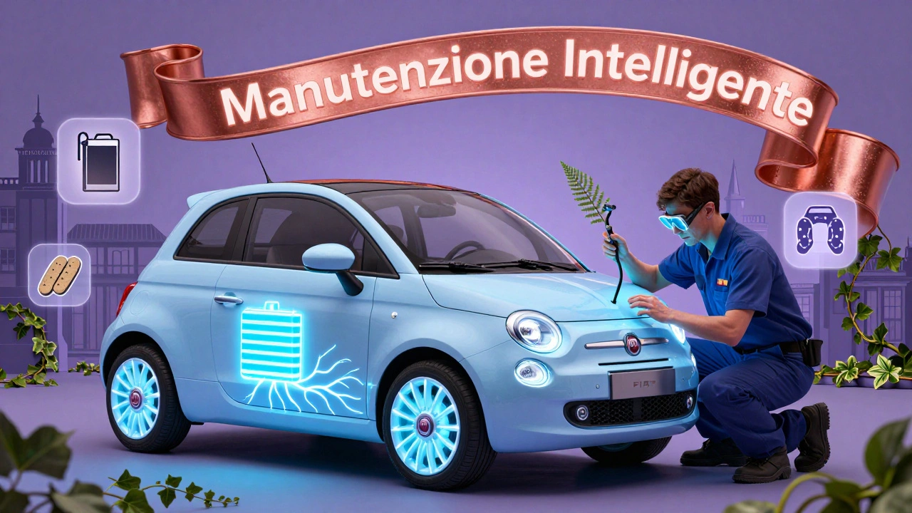 Auto elettrica Fiat 500e con batteria a forma di orchidea, meccanico con strumenti a forma di foglie, stile Art Nouveau.