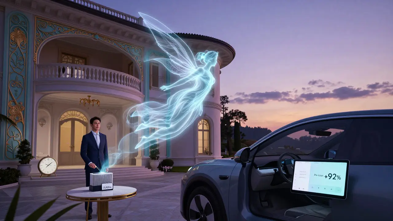 Auto elettrica pre-raffreddata con spirito di aria fresca che fluttua verso il tramonto, mentre un filtro viene posato su un tavolo.