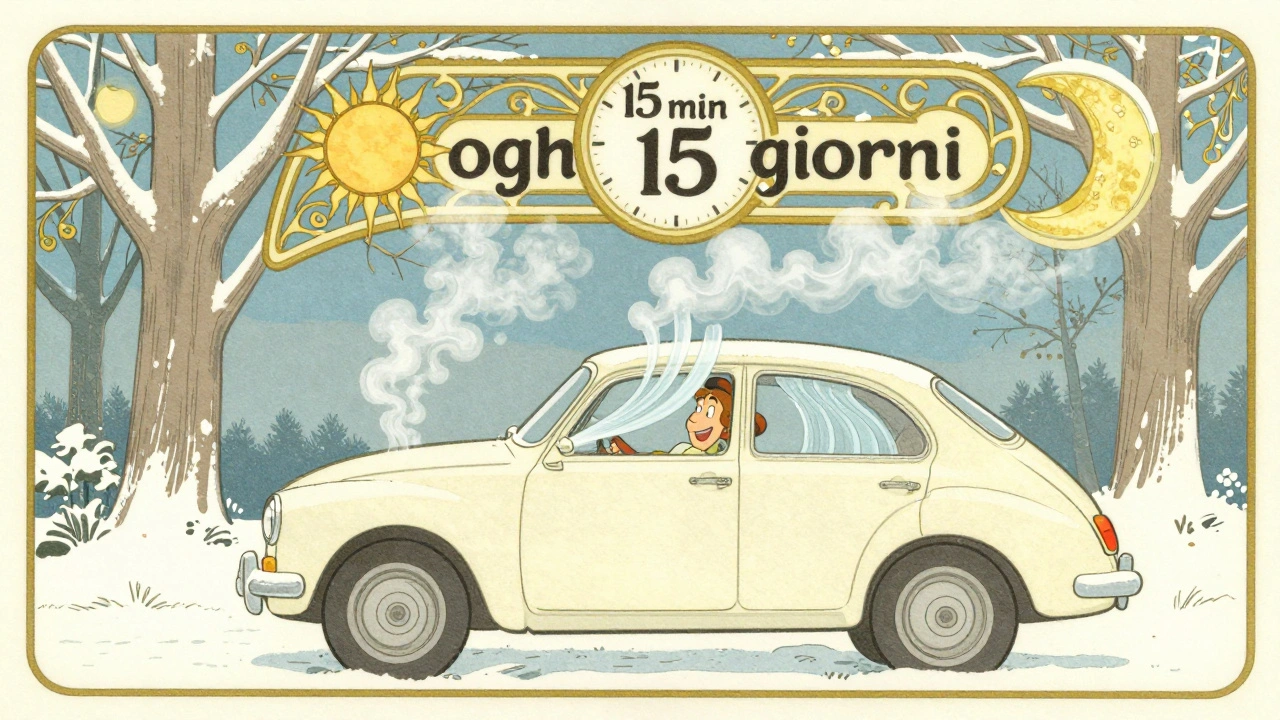 Auto in inverno con vapore che esce dai bocchettoni, simbolo di uso regolare anche nei mesi freddi.