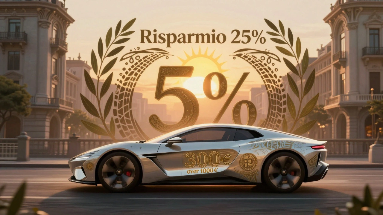 Auto moderna con simboli ibridi di franchigia e scoperto, avvolta da motivi floreali e sole nascente.