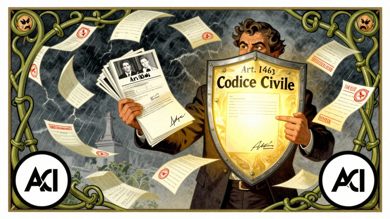 Cliente con foto e verbale protetto da uno scudo legale, mentre fatture cadono come tempesta.