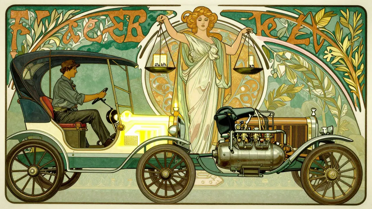Confronto tra auto elettrica e a benzina con pompa di calore stilizzata, bilanciata da una figura femminile in stile Art Nouveau.