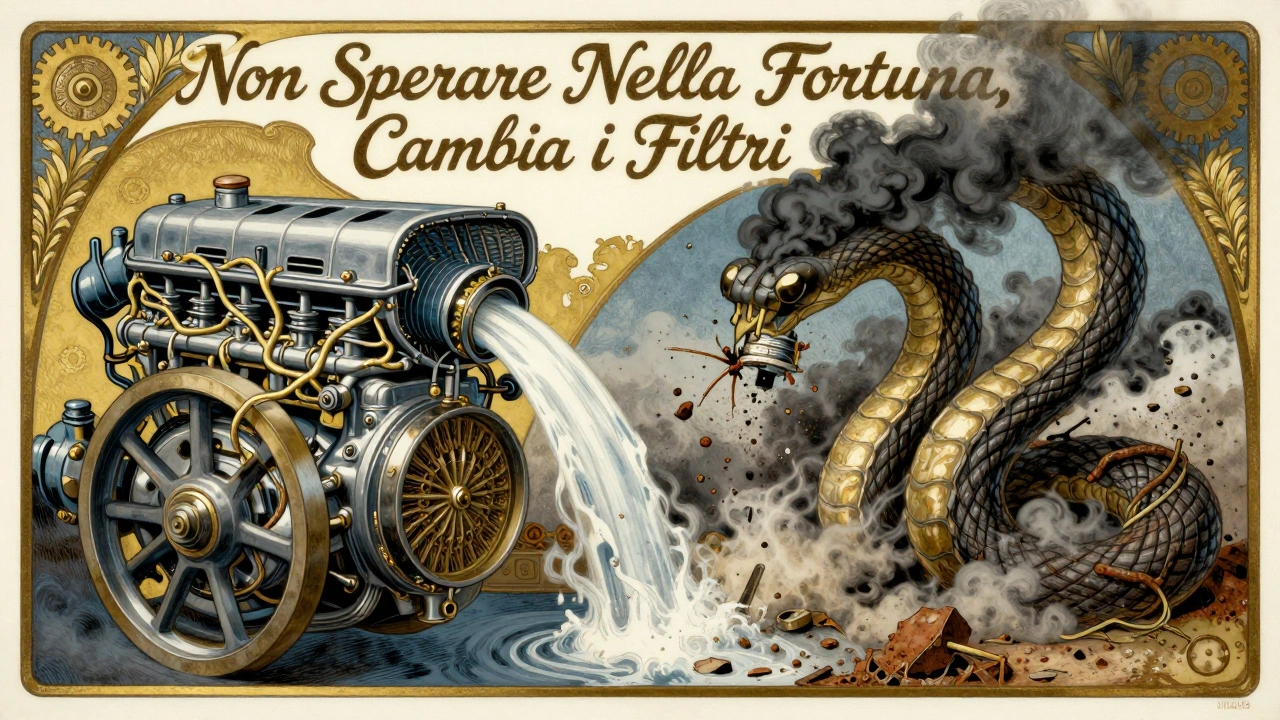 Confronto tra motore pulito e danneggiato, con filtri a forma di vite e serpente di polvere in stile Art Nouveau.