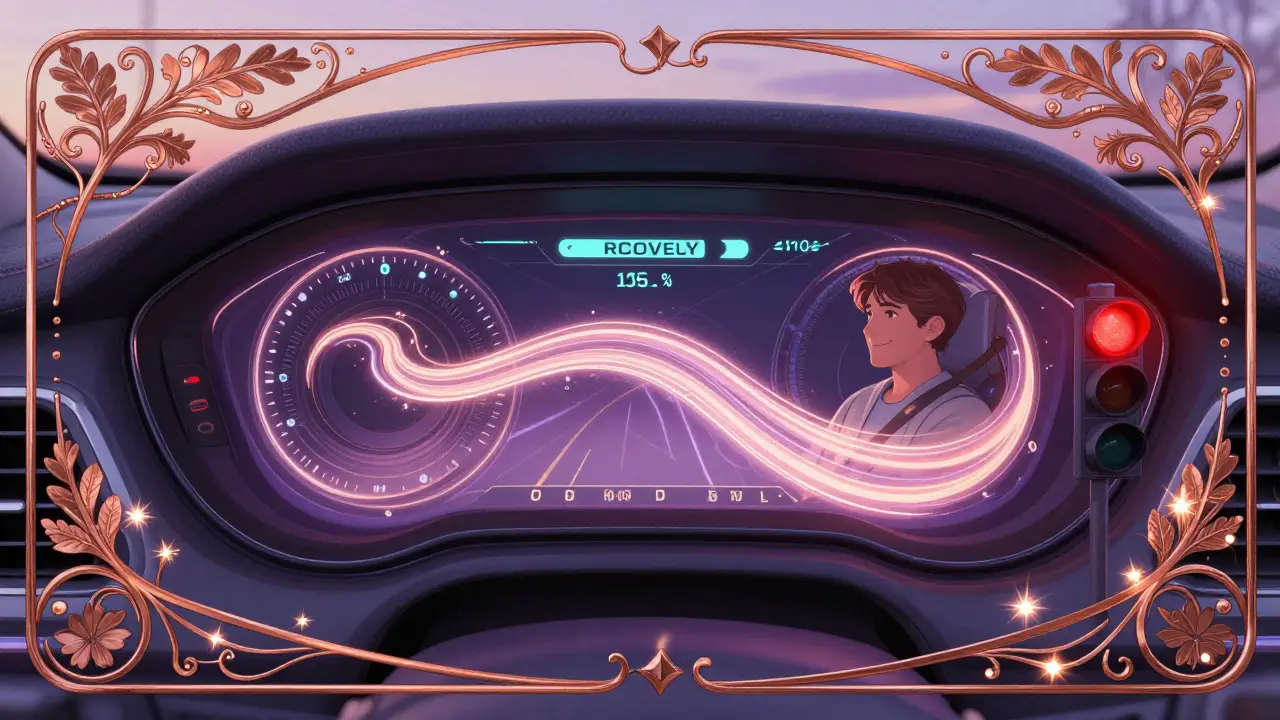 Cruscotto di un'auto elettrica che mostra il recupero energetico in motivi floreali e luci soffuse di stile Art Nouveau.