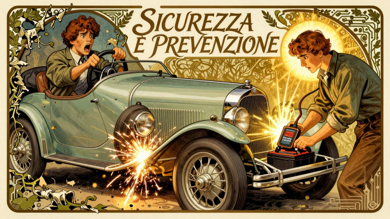 Doppia scena: auto in pericolo a sinistra, sicura a destra con tecnico e strumento, stile Art Nouveau.