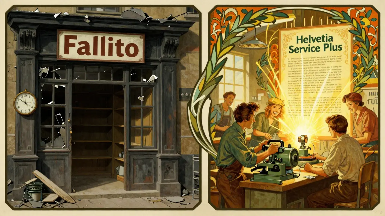 Due scene contrastanti: un&#039;azienda fallita a sinistra e una fiorente a destra, collegate da una corona di alloro in stile Art Nouveau.