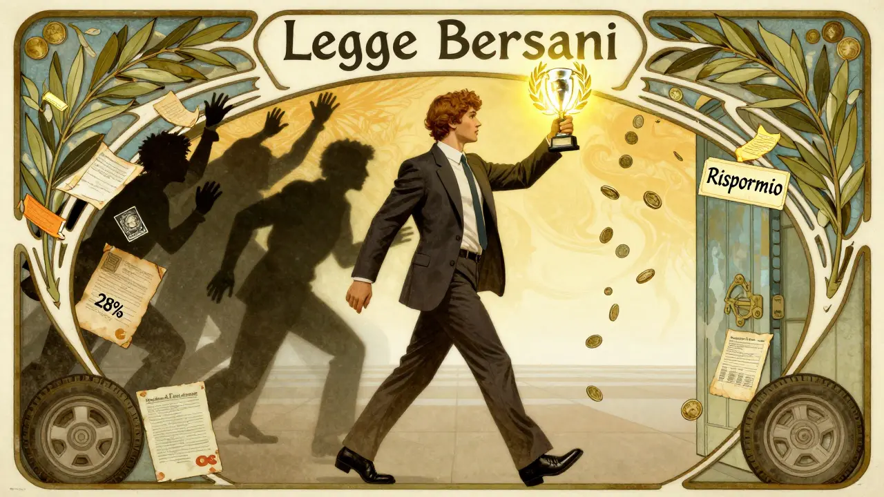 Figura eroica che attraversa la Legge Bersani con trofeo di merito, monete che cadono verso un orizzonte luminoso.