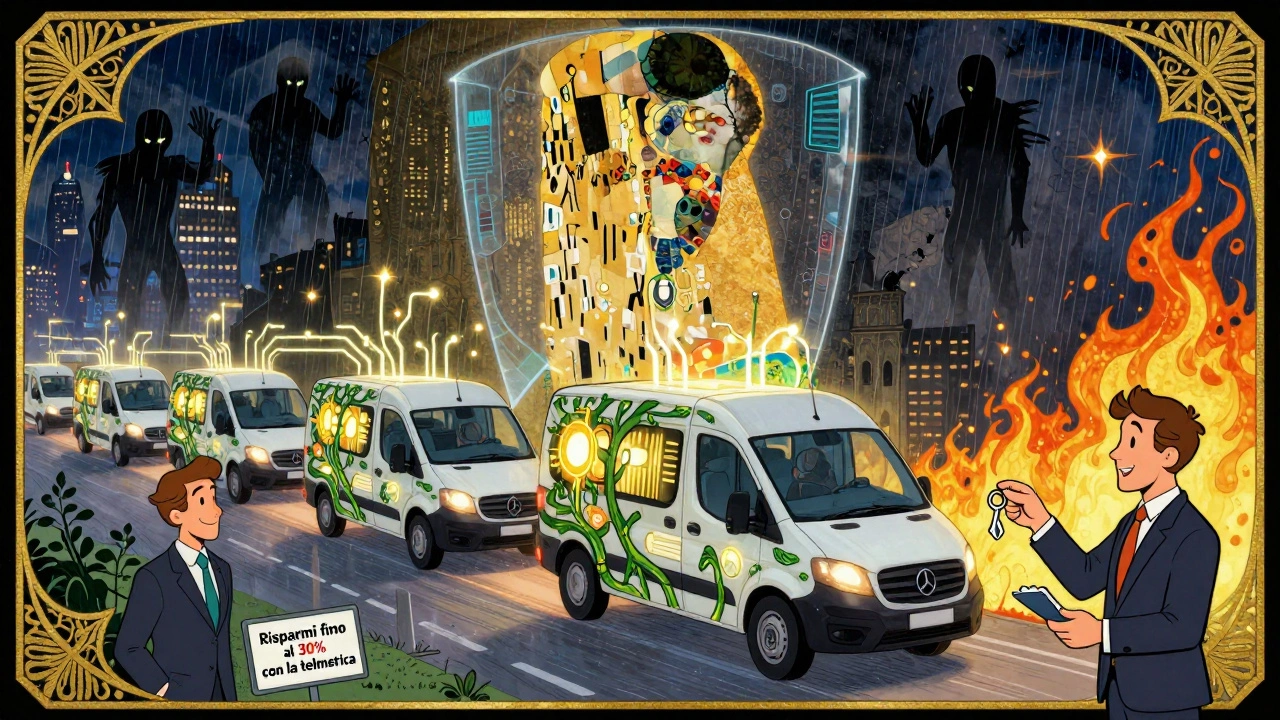 Flotta connessa al buio, protetta da scudi digitali, con motivi luminosi che collegano veicoli a un centro assicurativo.