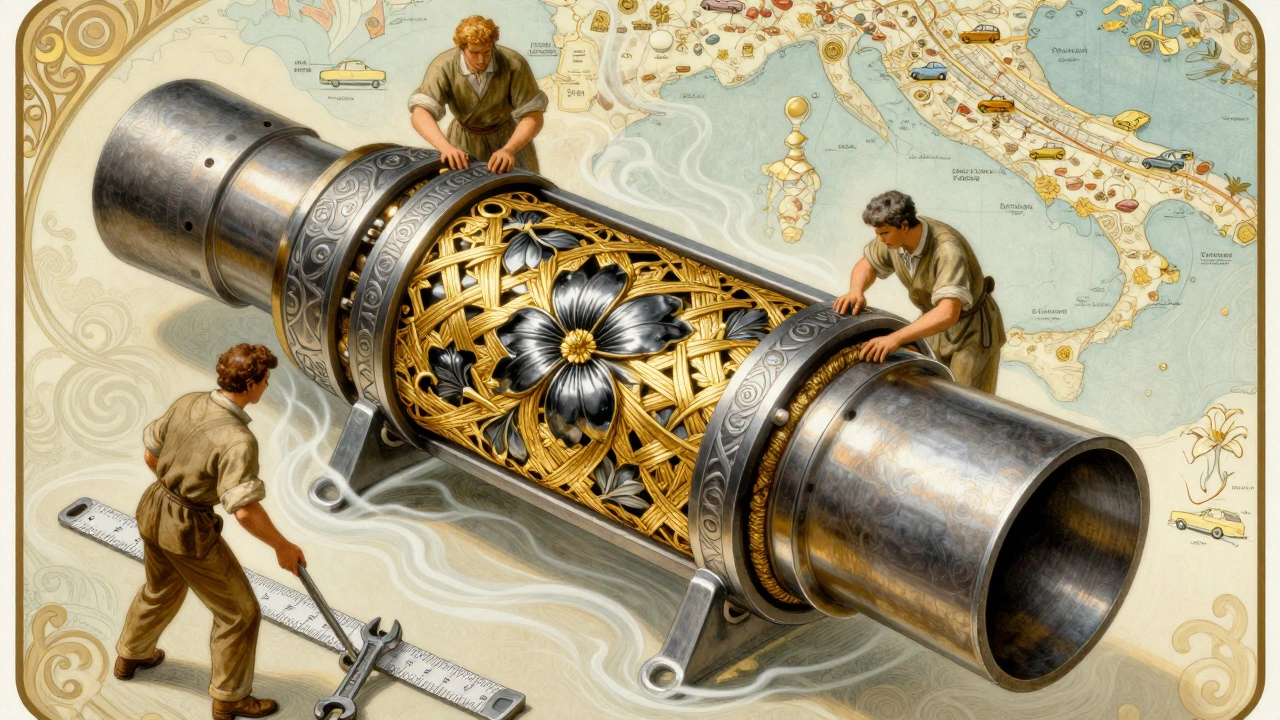 Guarnizione di scarico in stile Art Nouveau, realizzata con fili d&#039;oro e petali di grafite, perfettamente sigillata.