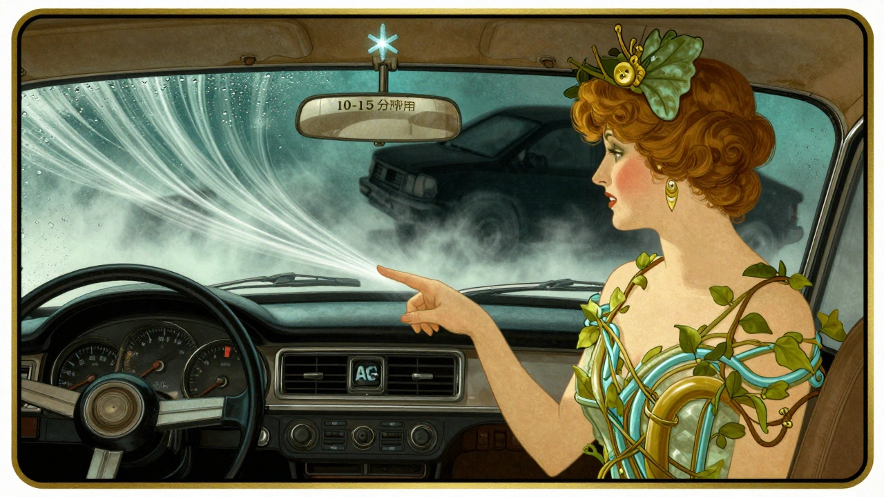 Interni auto con vetro che si schiarisce, linee fluide e simbolo di ghiaccio, contrasto tra sicurezza e pericolo.