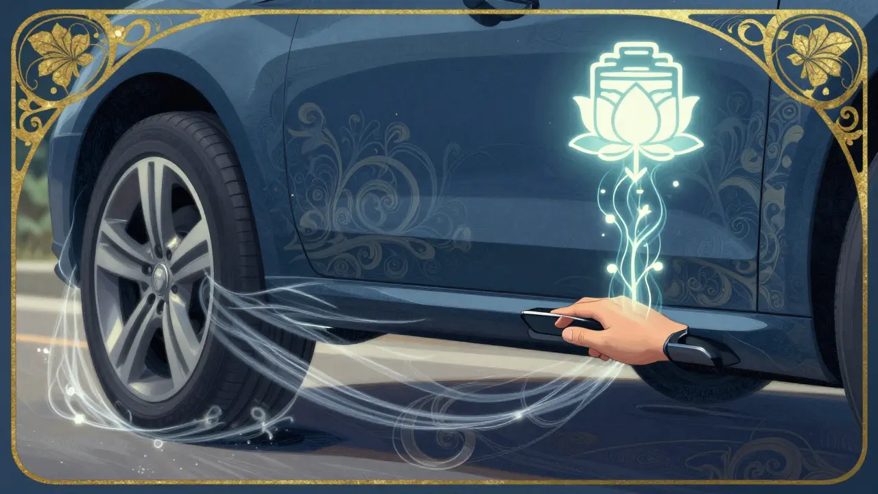 Mano che rilascia l'acceleratore, con flussi di energia a forma di vite che risalgono verso la batteria.