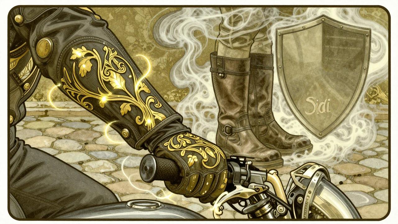 Mano guantata con motivi floreali e stivali da moto su ciottoli, in stile pubblicità Art Nouveau.