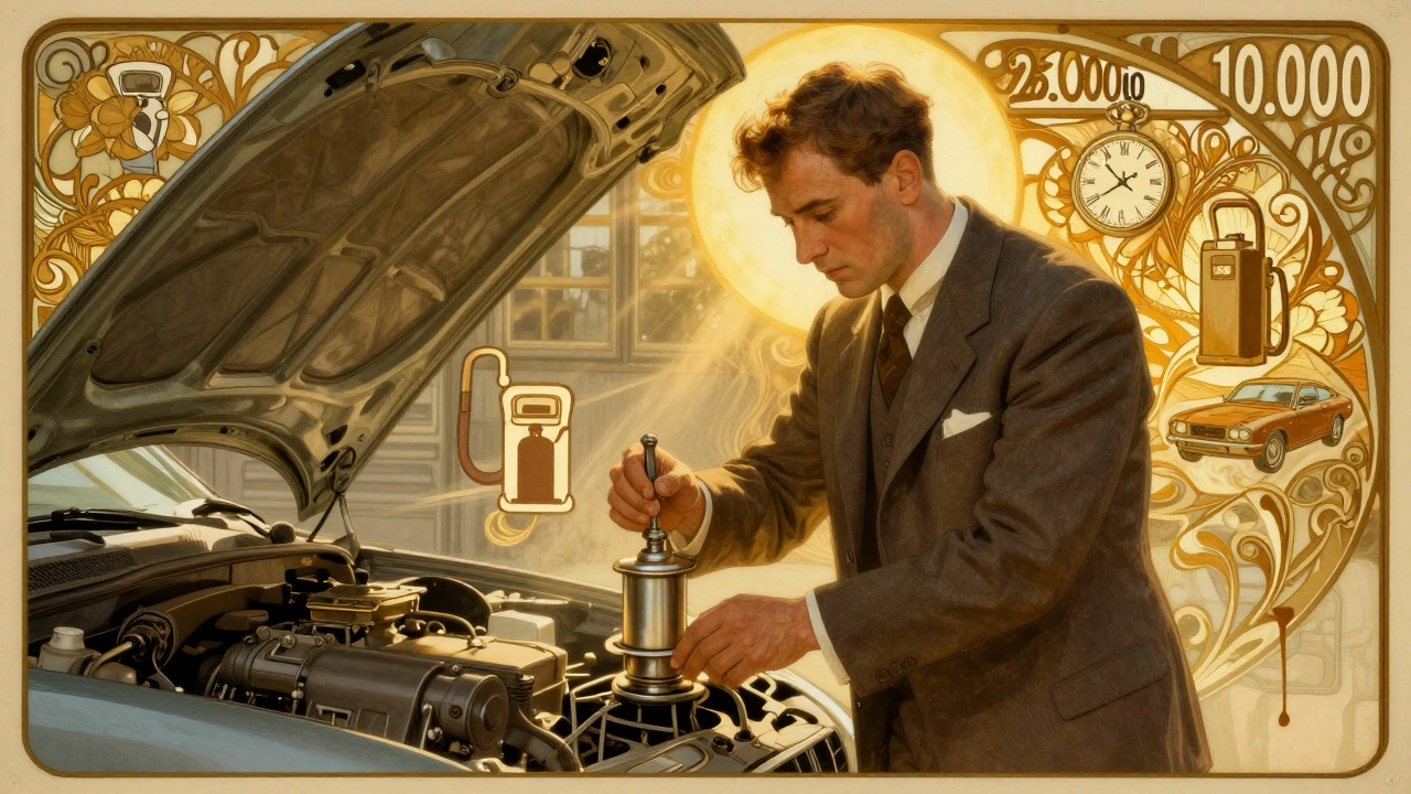 Meccanico che cambia un filtro sotto un&#039;auto, con simboli di chilometraggio e motori disposti a forma di fiori.