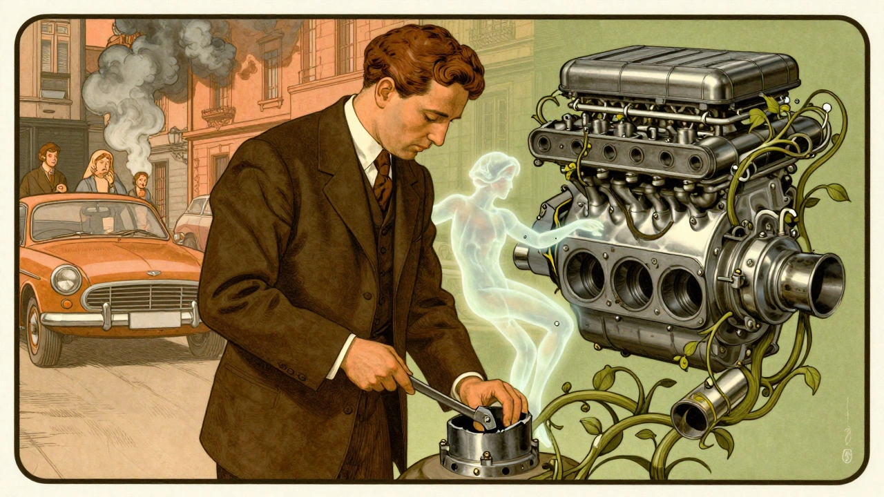 Meccanico che sostituisce una guarnizione con strumenti a forma di vite, mentre gas si trasformano in spirito.