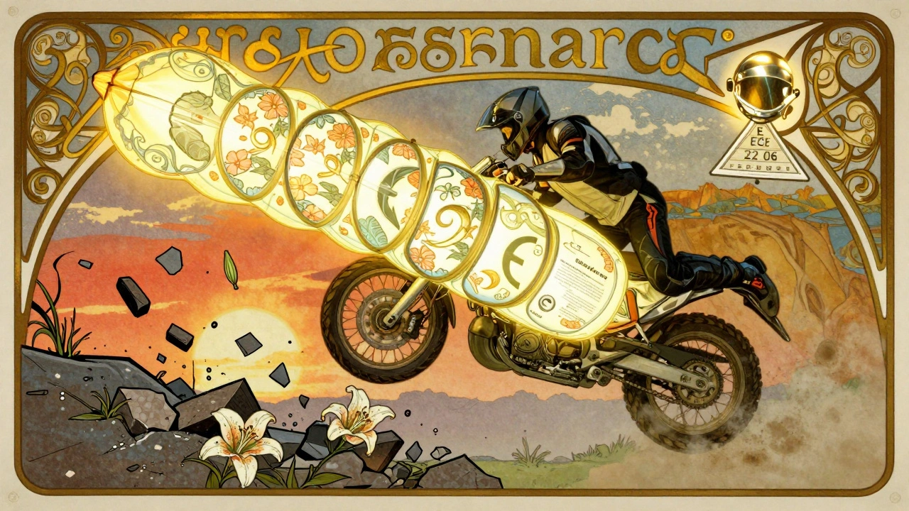 Motociclista in caduta protetto da un airbag che si gonfia in un’esplosione di fiori e simboli di sicurezza.