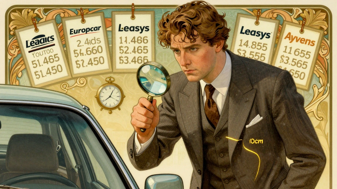 Perito con lente d&#039;ingrandimento su un graffio, mentre prezzi diversi fluttuano come manifesti ornamentali.