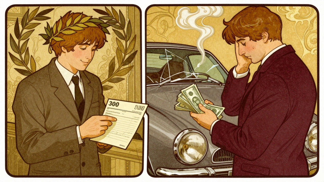 Scena a due pannelli: guidatore sereno con piccolo danno e uno stressato con danno grande.