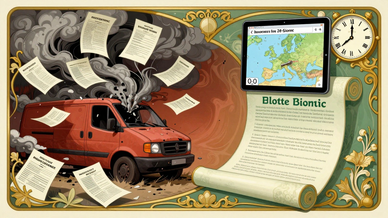 Scena divisa: a sinistra caos di documenti assicurativi, a destra una polizza flotta fluida con assistenza digitale.