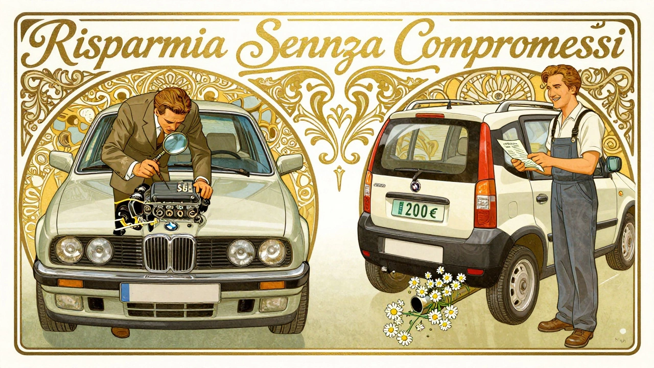 Scena divisa: BMW costosa a sinistra e Fiat Panda economica a destra, con decori floreali e scritte in stile Art Nouveau.