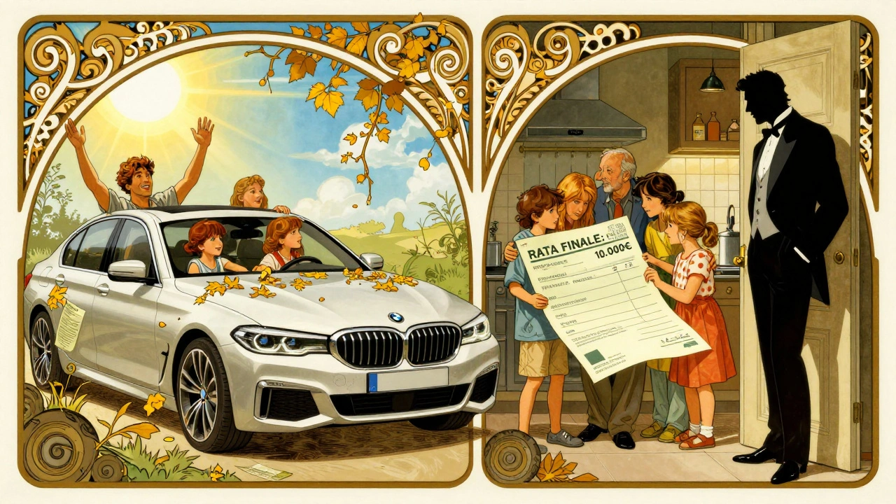 Scena divisa: famiglia felice in auto a sinistra, stessa famiglia stressata davanti a una fattura enorme a destra.
