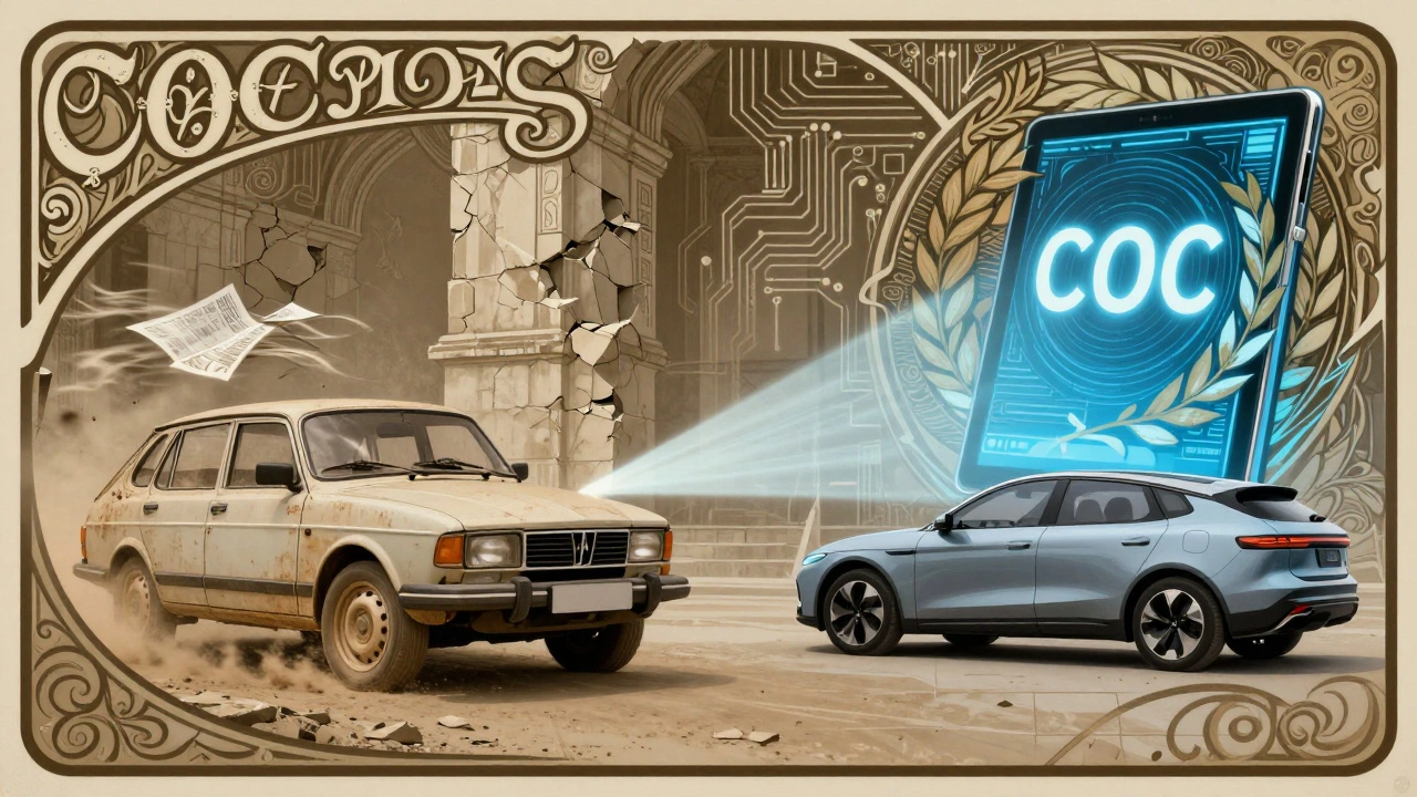 Scena divisa: un&#039;auto degli anni &#039;90 con certificato cartaceo che scompare e un&#039;auto elettrica che riceve un certificato digitale in stile Art Nouveau.