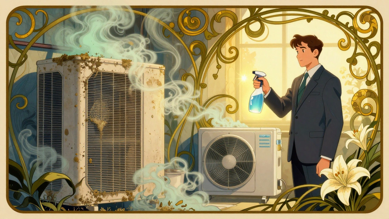 Scene divisa: da un lato un evaporatore muffoso, dall'altro un sistema pulito e luminoso con un tecnico che lo igienizza.