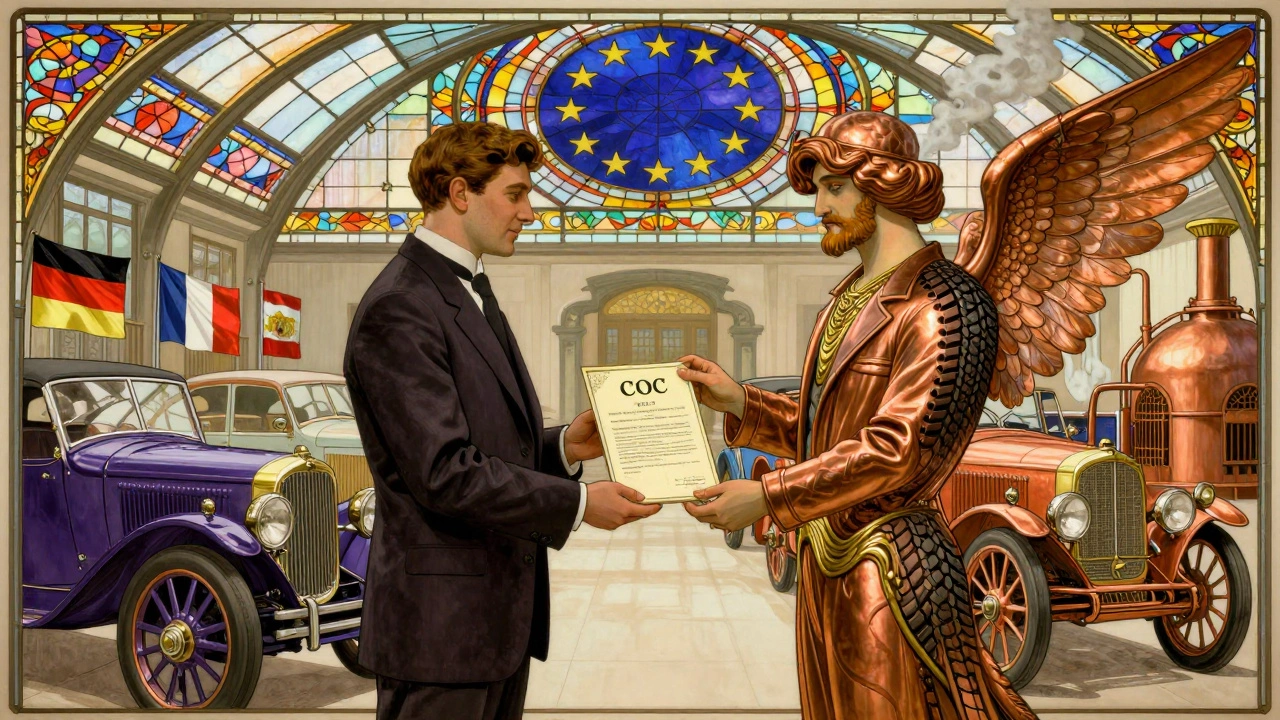 Stazione di servizio europea in stile Art Nouveau con un uomo che riceve un certificato digitale da una figura simbolica con ali a forma di gomme.