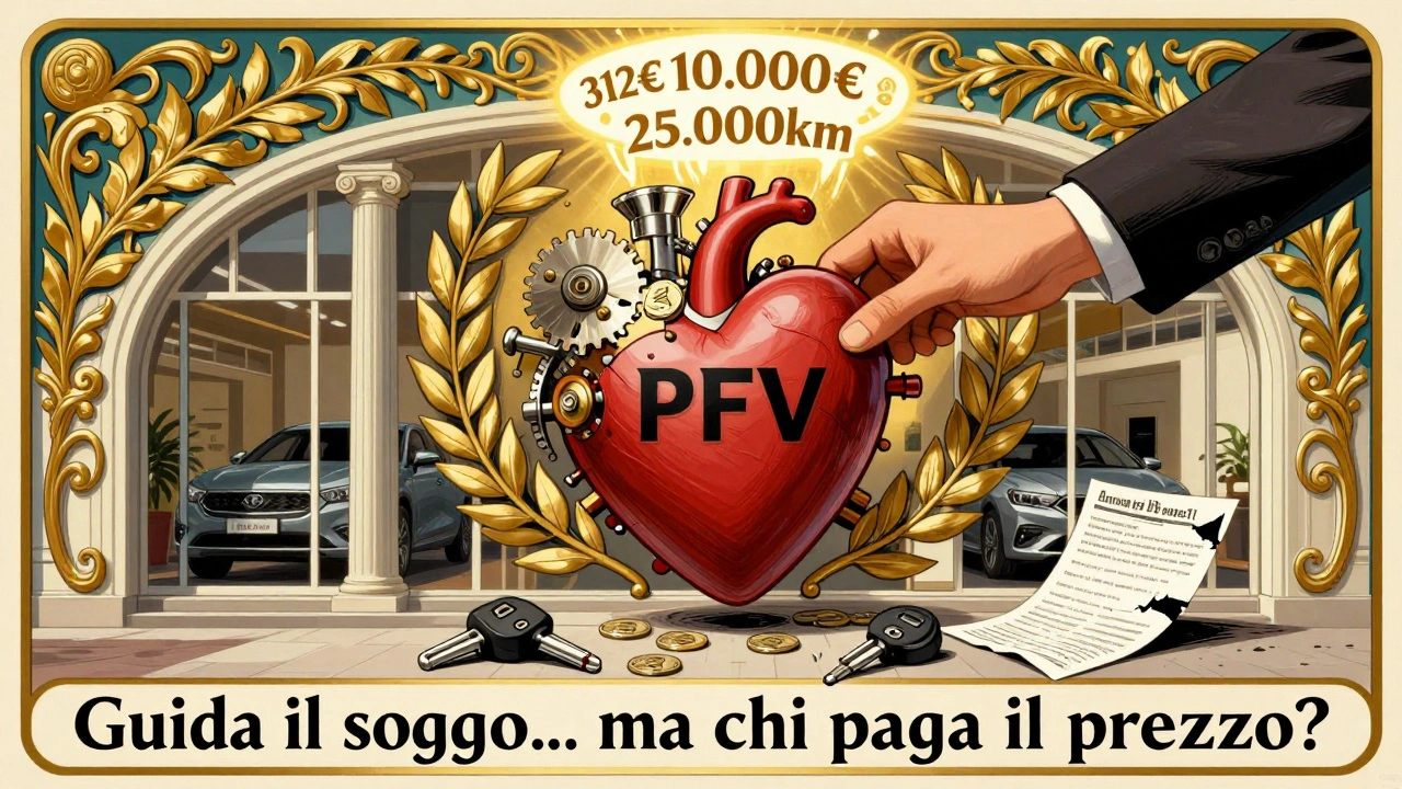 Stazione di servizio in stile Art Nouveau con monete che entrano in un cuore meccanico, chiavi rotte a terra.