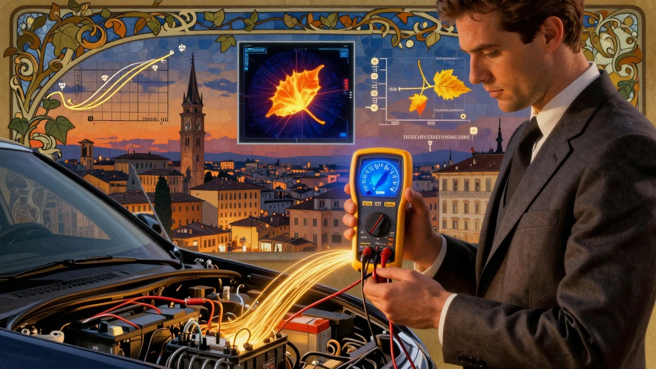 Tecnico che misura l&#039;isolamento con uno strumento luminoso, curve e termografie fluttuanti come rampicanti.