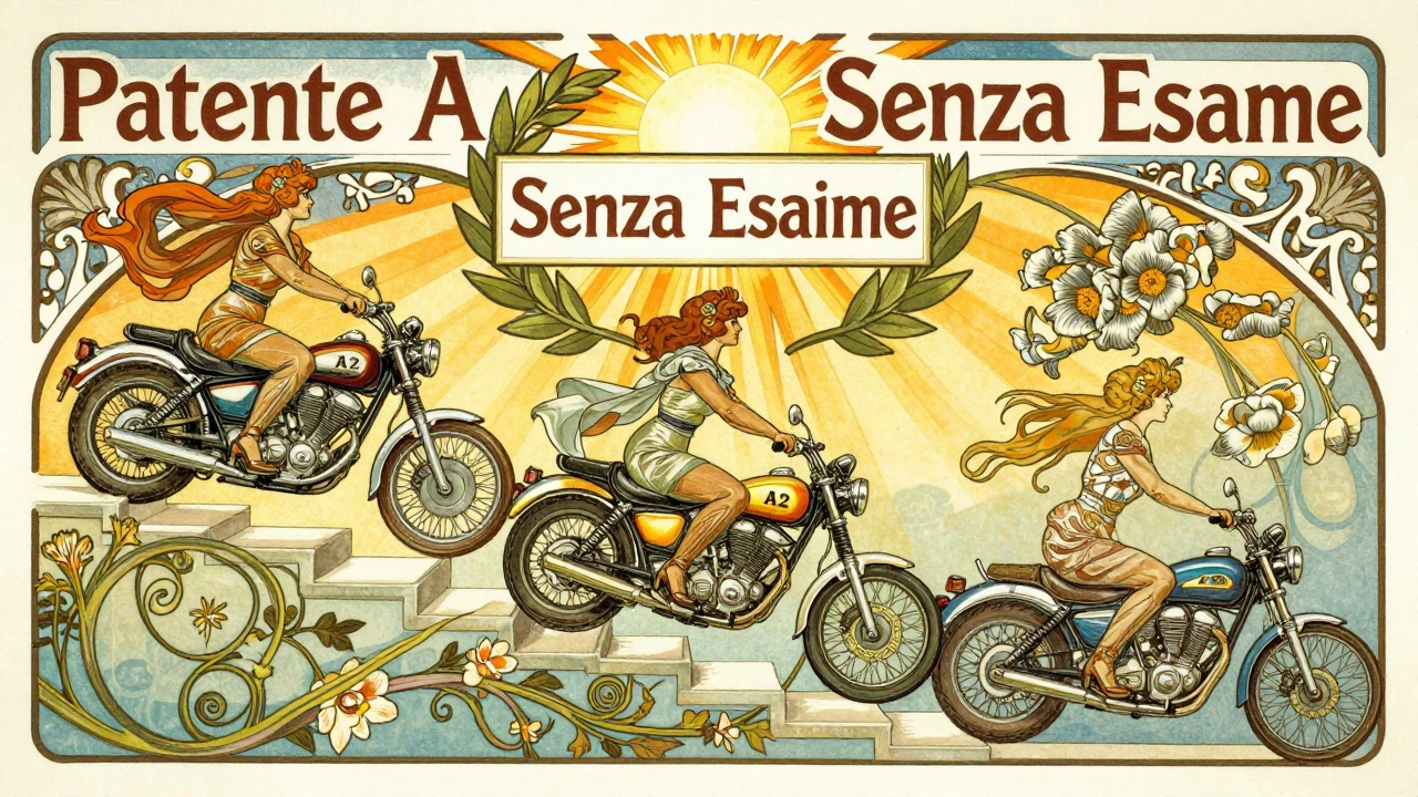 Tre motociclisti che salgono una scala di componenti moto verso la patente A senza esame, in stile Art Nouveau.