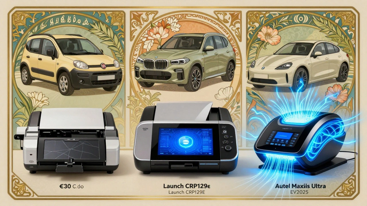 Tre scanner in stile vintage mostrati come oggetti preziosi, accanto a auto stilizzate in motivi floreali.