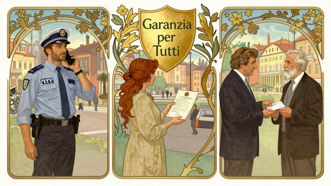 Tre scene della vita reale collegate da rampicanti e uno scudo con &#039;Garanzia per Tutti&#039;.