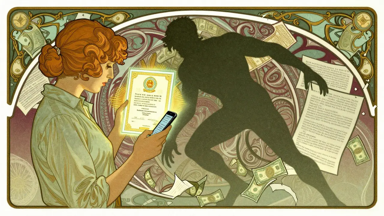 Un cittadino controlla l'iscrizione IVASS di un agente su uno smartphone, mentre un certificato digitale brilla in fondo.