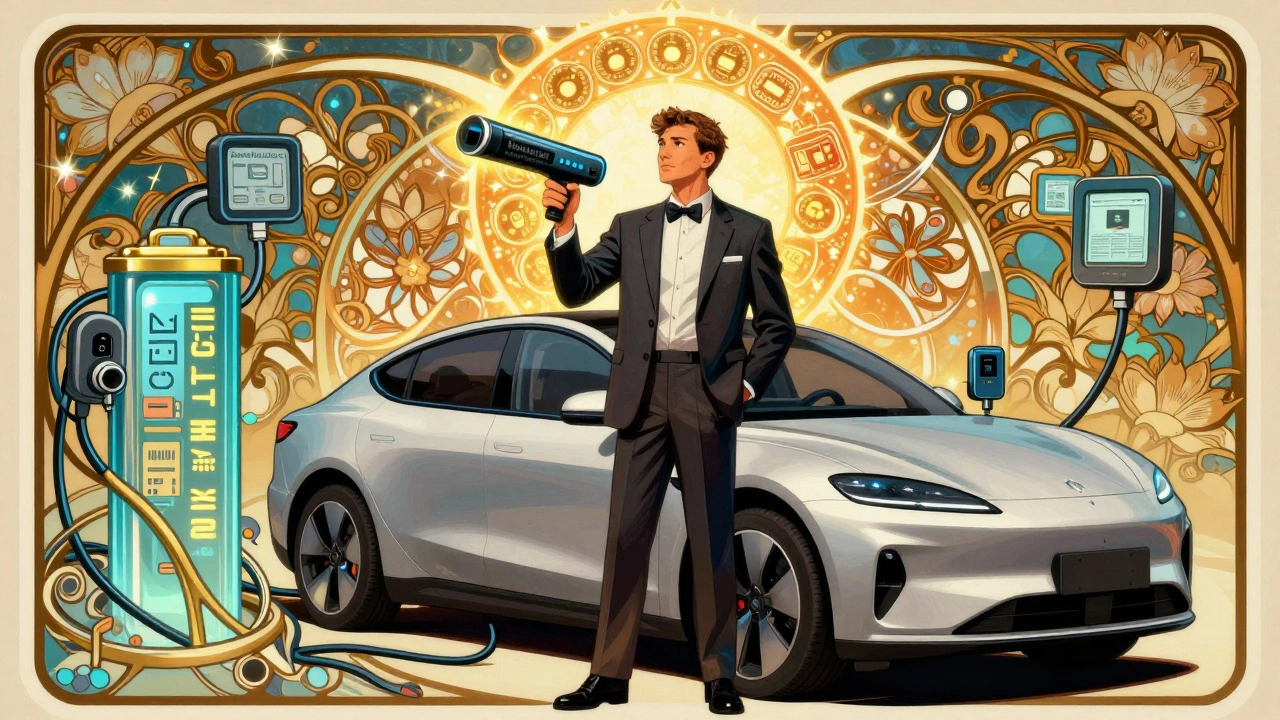 Un meccanico con uno scanner professionale accanto a un&#039;auto elettrica, circondato da simboli tecnologici a forma di fiori.