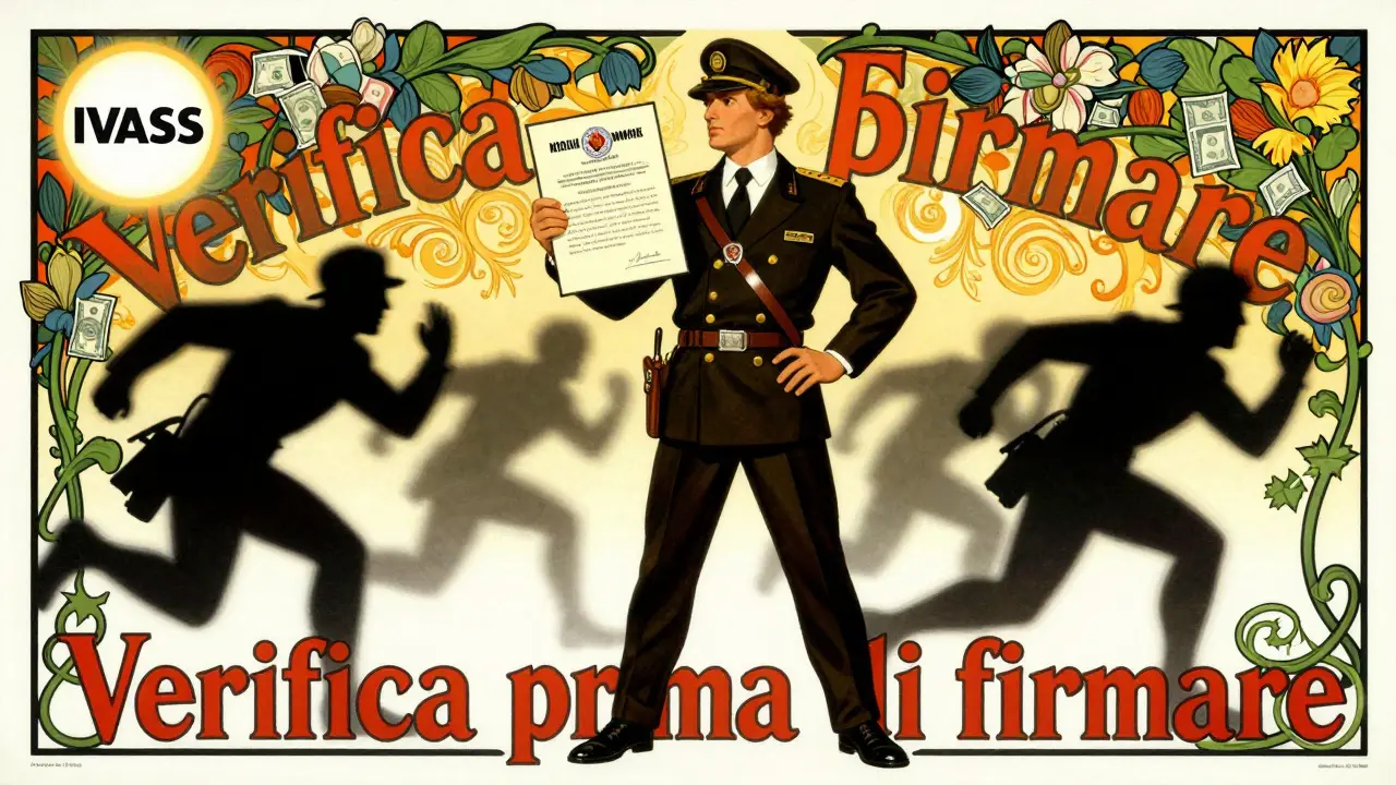 Una figura eroica tiene un certificato assicurativo autentico mentre truffatori fuggono tra motivi floreali Art Nouveau.