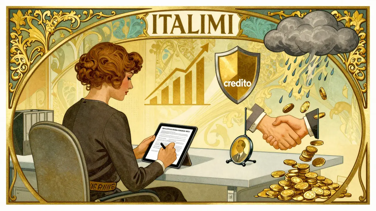Una imprenditrice che firma un contratto assicurativo digitale, circondata da simboli di crescita, sicurezza informatica e credito commerciale in stile Art Nouveau.