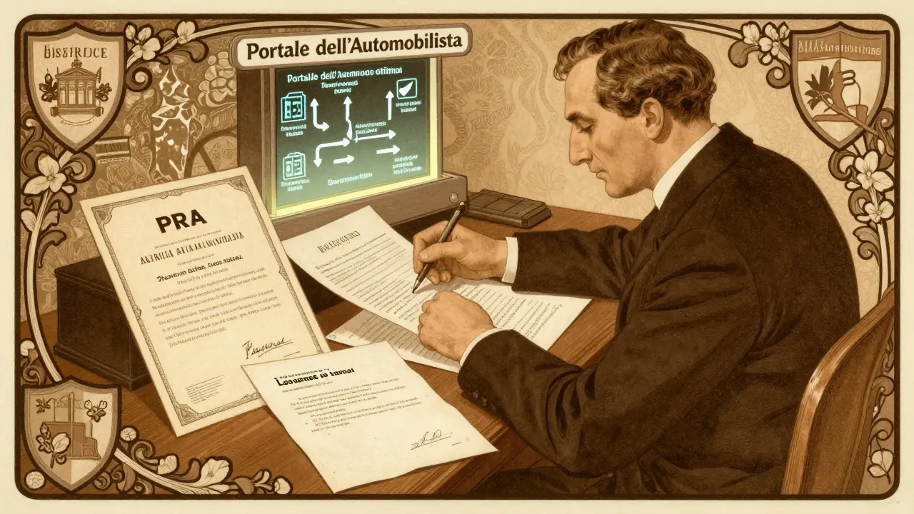 Uomo al tavolo con documenti automobilistici e motivi floreali, portale digitale in sfondo in stile Art Nouveau.
