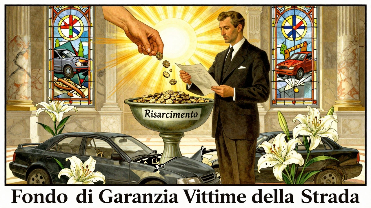 Uomo riceve un risarcimento da una mano celeste tra simboli di guarigione e fiori.