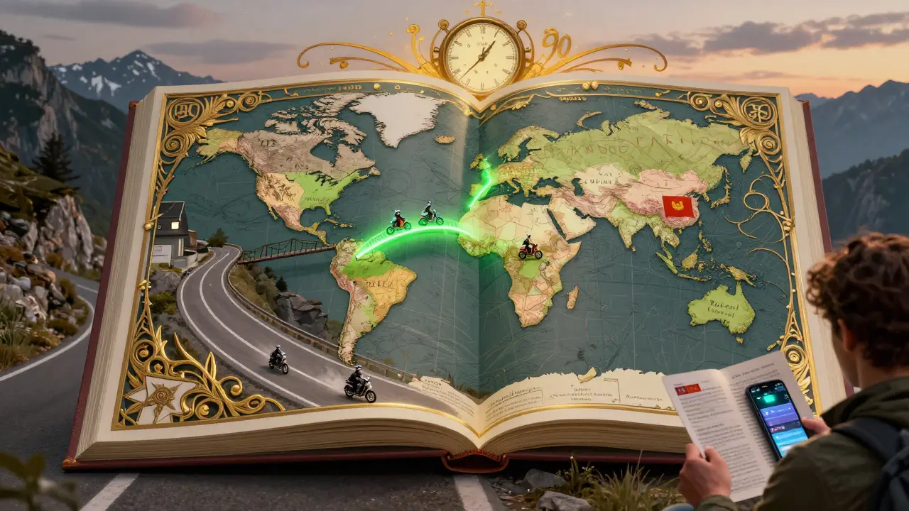Atlante viaggiatore con moto che collegano Paesi tramite carta verde, stile Art Nouveau con dettagli dorati.