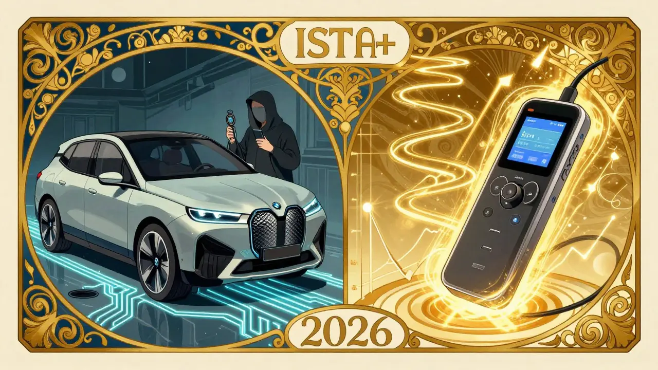 Auto elettriche di lusso confrontate: uno scanner ufficiale nell'ombra, uno multimarca luminoso, con grafico dei costi in stile Art Nouveau.