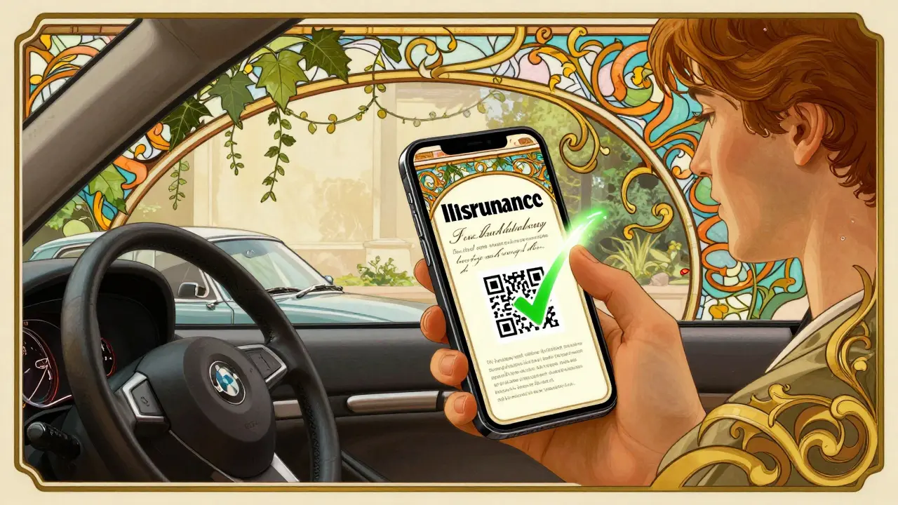 Automobilista italiano scansiona un codice QR su un documento assicurativo decorato con motivi Art Nouveau.