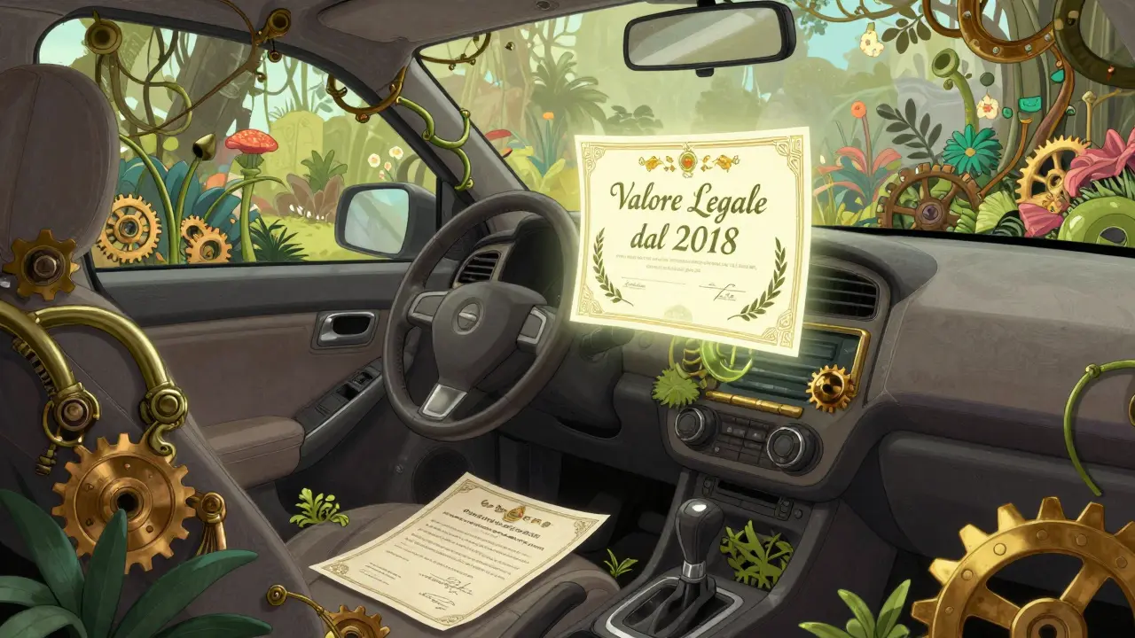 Certificato digitale fluttuante sopra un cruscotto, mentre quello cartaceo è dimenticato, in stile Art Nouveau.