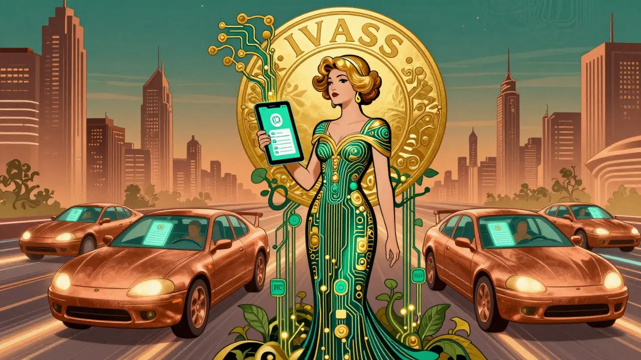 Città futuristica con auto che mostrano certificati digitali, guidata da una figura simbolica con l'app IO.