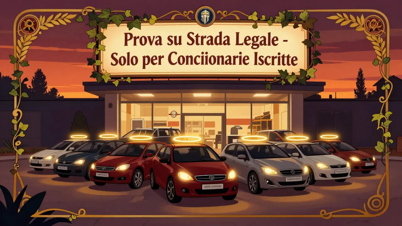 Concessionaria con 50 auto usate, solo tre illuminate da auree di assicurazione temporanea, sfondo serale con motivi floreali.