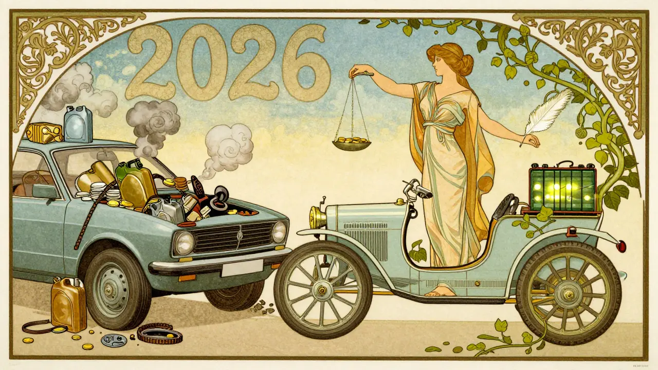 Confronto tra auto a benzina ingombra di pezzi e auto elettrica pulita, rappresentato in stile Art Nouveau con una bilancia simbolica.