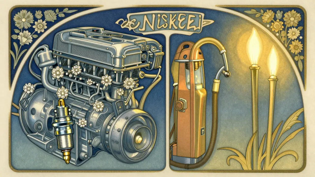 Confronto tra candele a benzina e candelette diesel in stile floreale e sinuoso Art Nouveau.