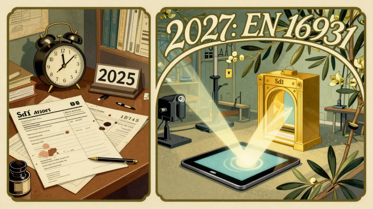 Confronto tra vecchia fattura cartacea e sistema elettronico moderno in stile Art Nouveau con simboli del 2027.