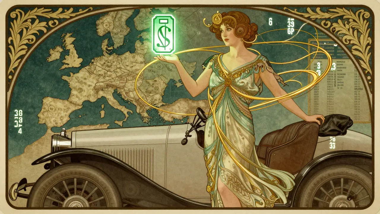 Donna eroica tiene il numero di polizza come talismano luminoso, con collegamenti verso la mappa d'Europa e la Carta Verde.