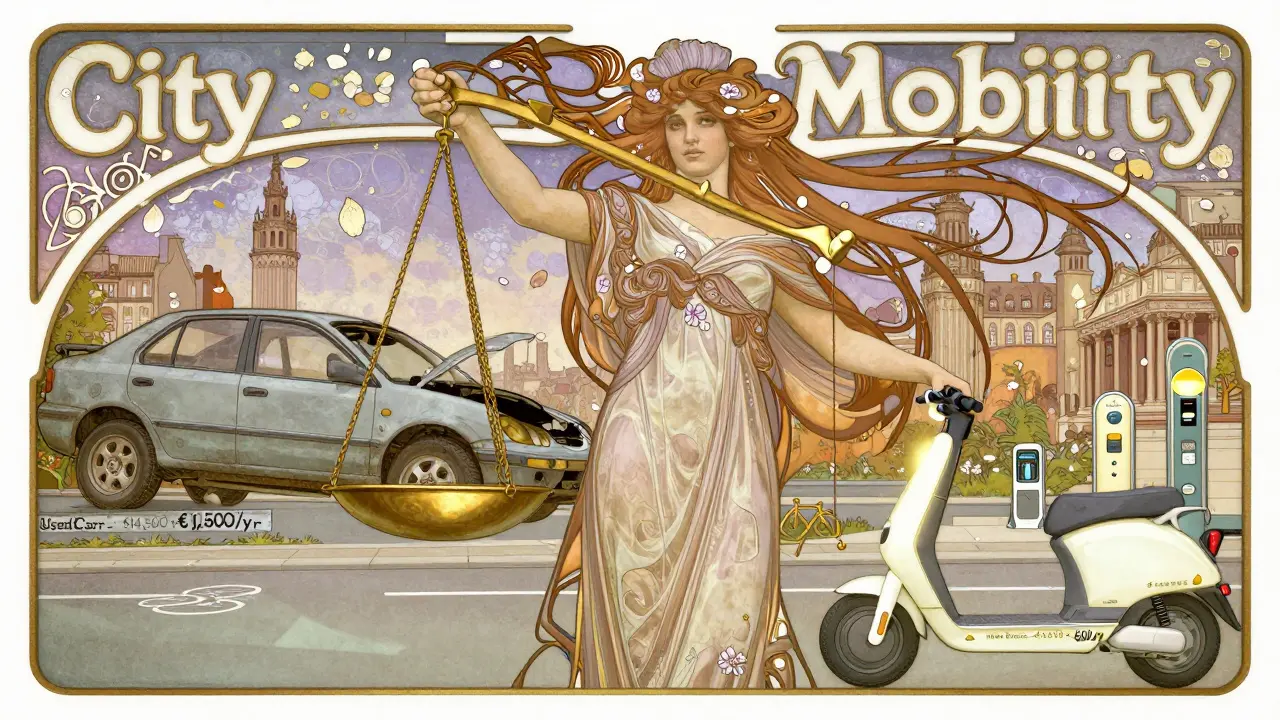 Figura femminile con bilancia che pesa auto usata contro scooter elettrico, città sfondo in stile Art Nouveau.